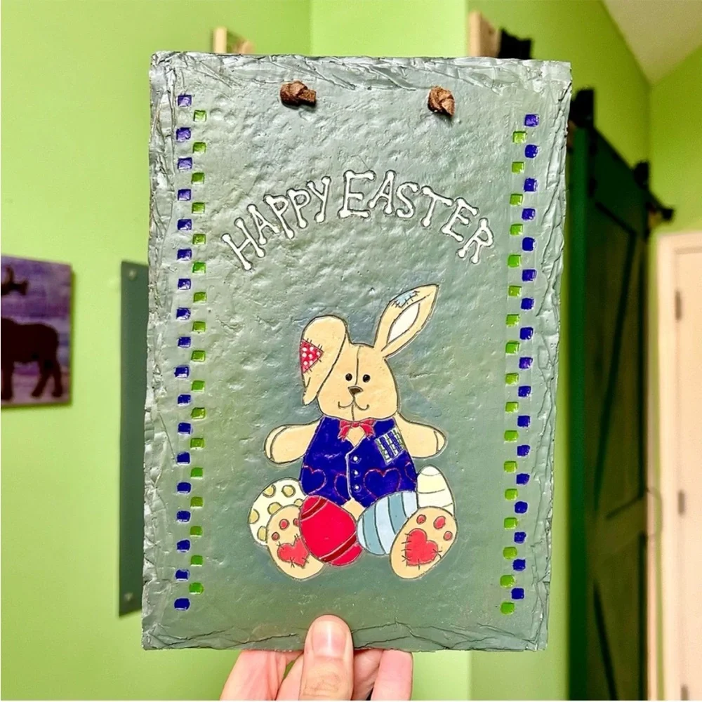 VTG Rustic Stone Happy Easter Cute Stitched Rabbit Stoneware Wall Art